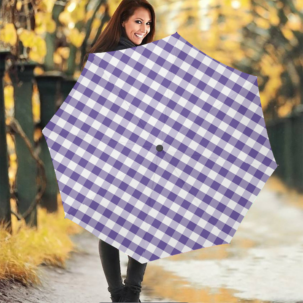 Purple And White Gingham Pattern Print Foldable Umbrella