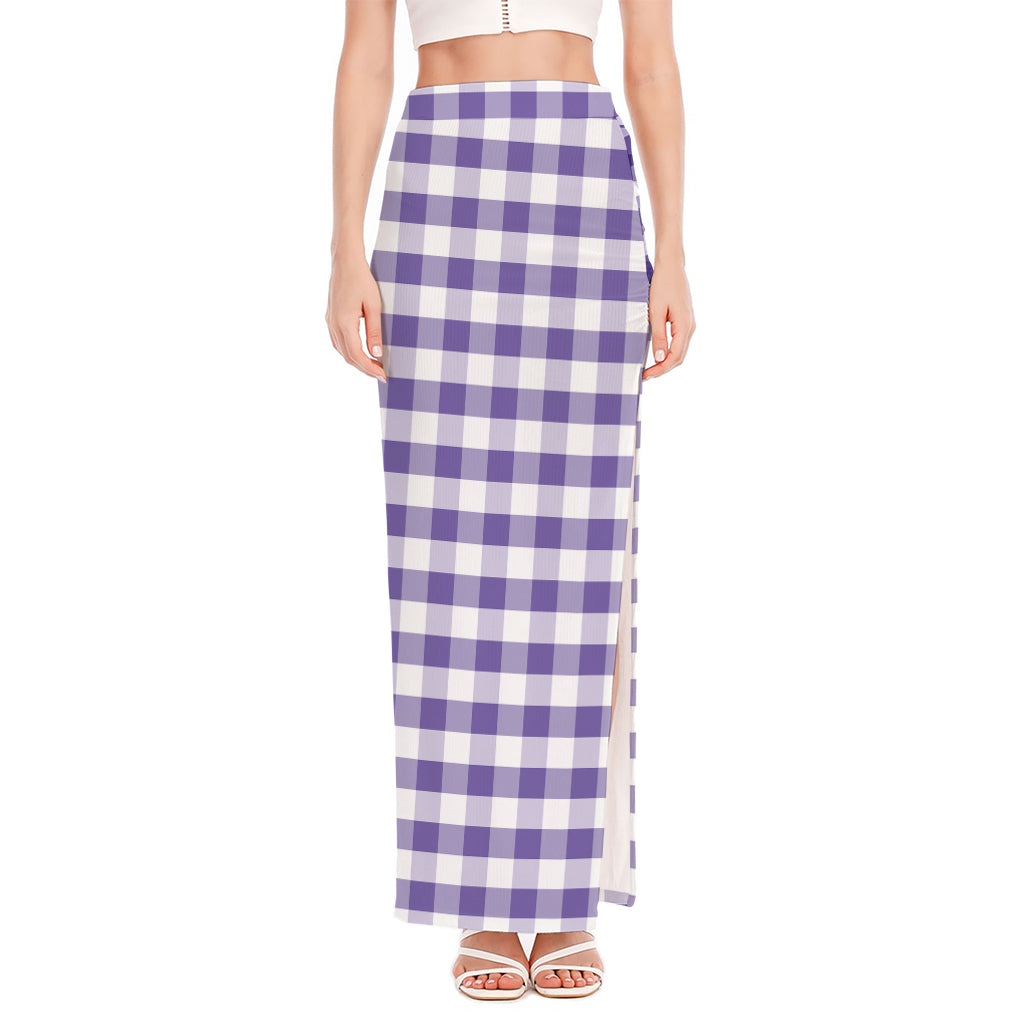 Purple And White Gingham Pattern Print High Slit Maxi Skirt