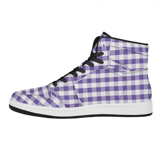 Purple And White Gingham Pattern Print High Top Leather Sneakers