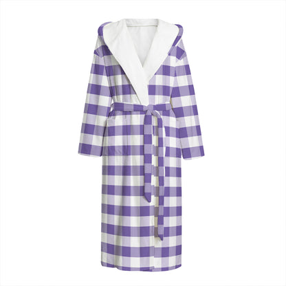Purple And White Gingham Pattern Print Hooded Bathrobe
