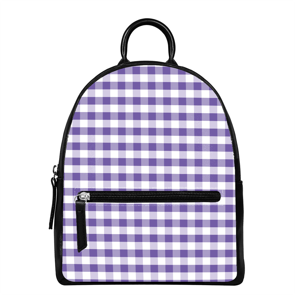 Purple And White Gingham Pattern Print Leather Backpack