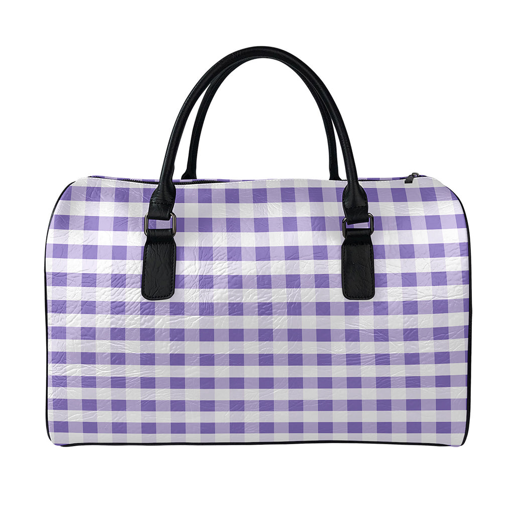 Purple And White Gingham Pattern Print Leather Duffle Bag