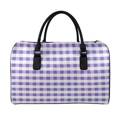 Purple And White Gingham Pattern Print Leather Duffle Bag