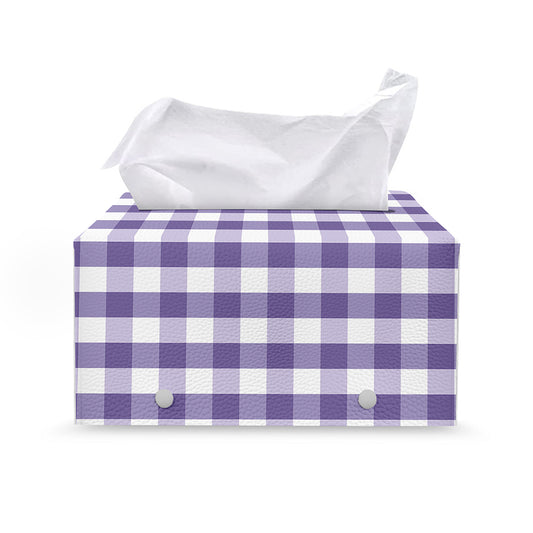 Purple And White Gingham Pattern Print Leather Tissue Box Cover