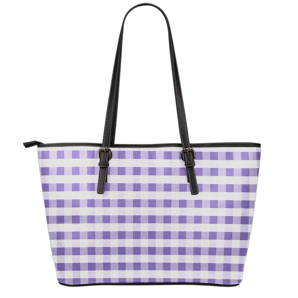 Purple And White Gingham Pattern Print Leather Tote Bag