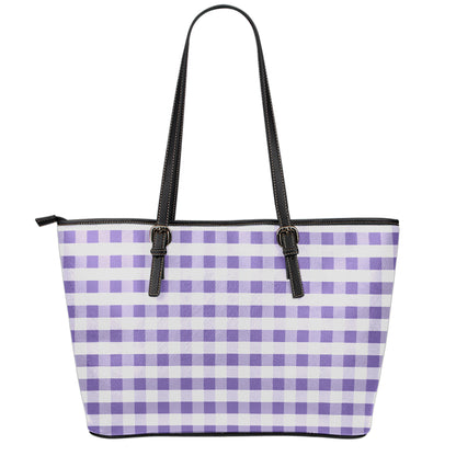 Purple And White Gingham Pattern Print Leather Tote Bag
