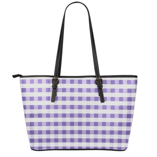 Purple And White Gingham Pattern Print Leather Tote Bag