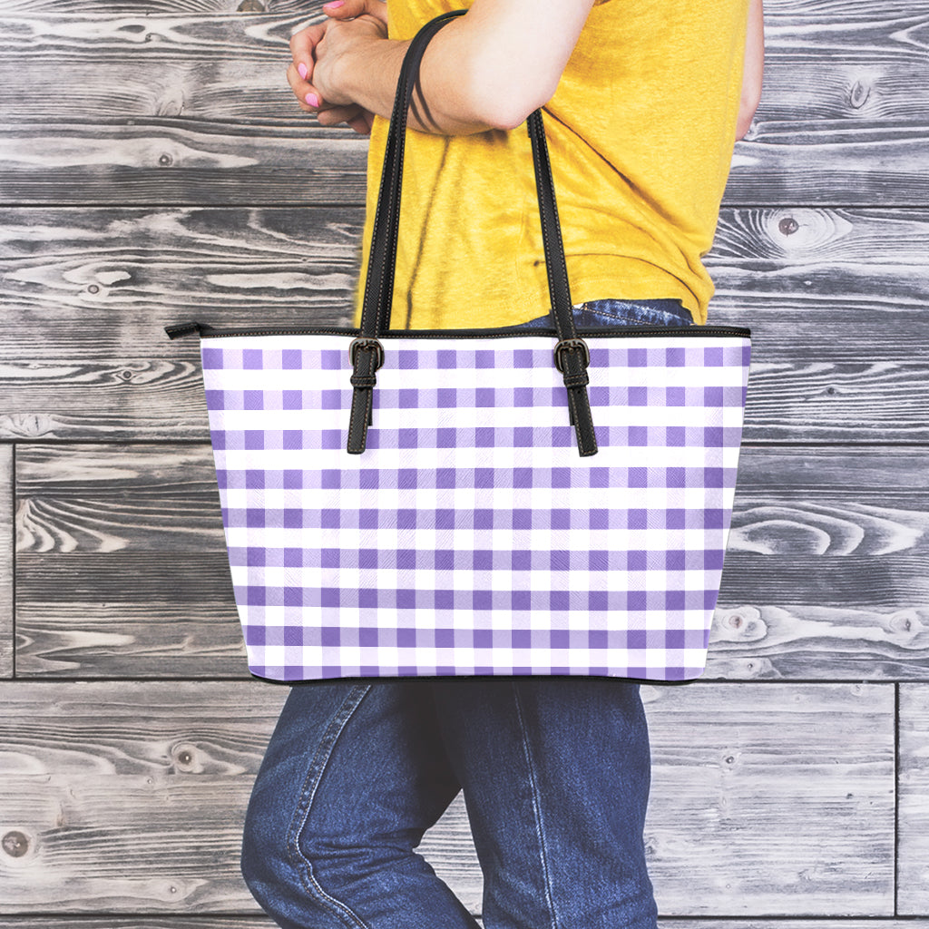 Purple And White Gingham Pattern Print Leather Tote Bag
