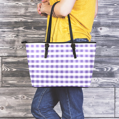 Purple And White Gingham Pattern Print Leather Tote Bag