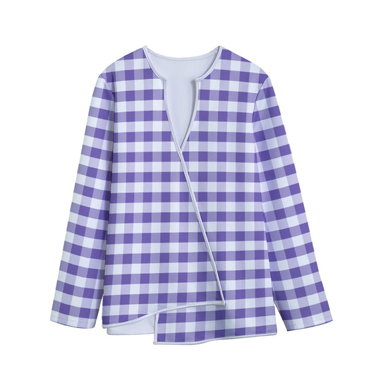 Purple And White Gingham Pattern Print Long Sleeve Short Coat