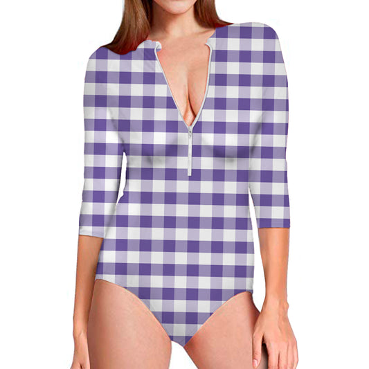 Purple And White Gingham Pattern Print Long Sleeve Swimsuit