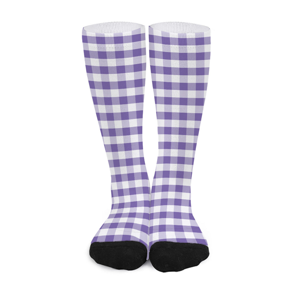 Purple And White Gingham Pattern Print Long Socks