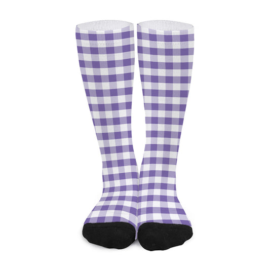 Purple And White Gingham Pattern Print Long Socks