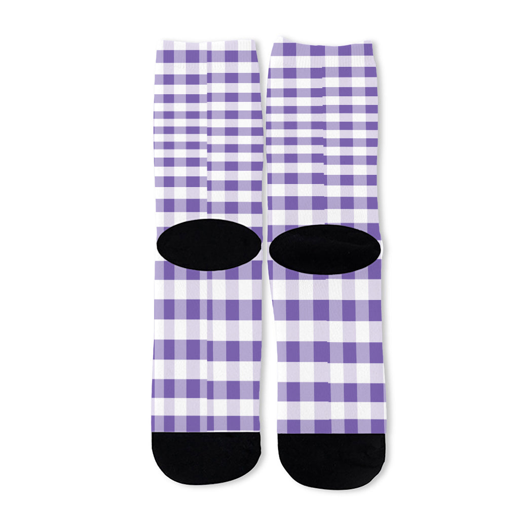Purple And White Gingham Pattern Print Long Socks