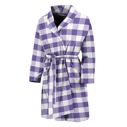Purple And White Gingham Pattern Print Men's Bathrobe