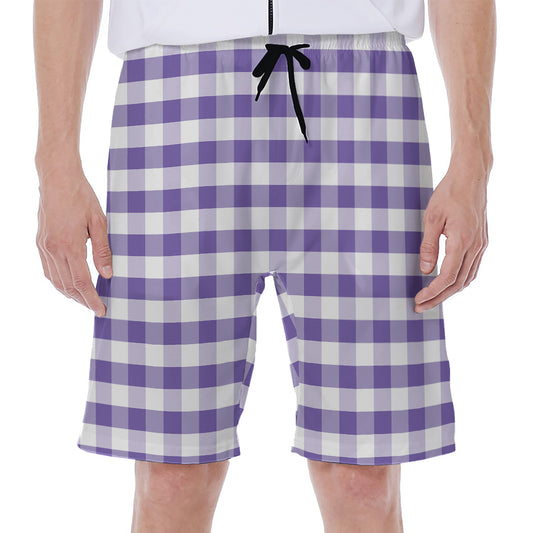 Purple And White Gingham Pattern Print Men's Beach Shorts
