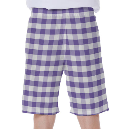 Purple And White Gingham Pattern Print Men's Beach Shorts