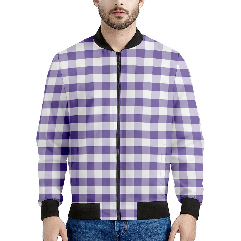 Purple And White Gingham Pattern Print Men's Bomber Jacket