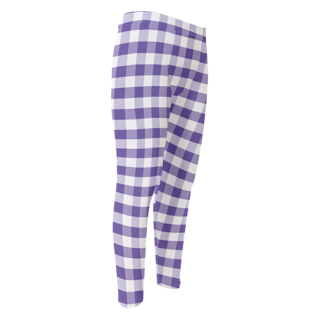 Purple And White Gingham Pattern Print Men's Compression Pants