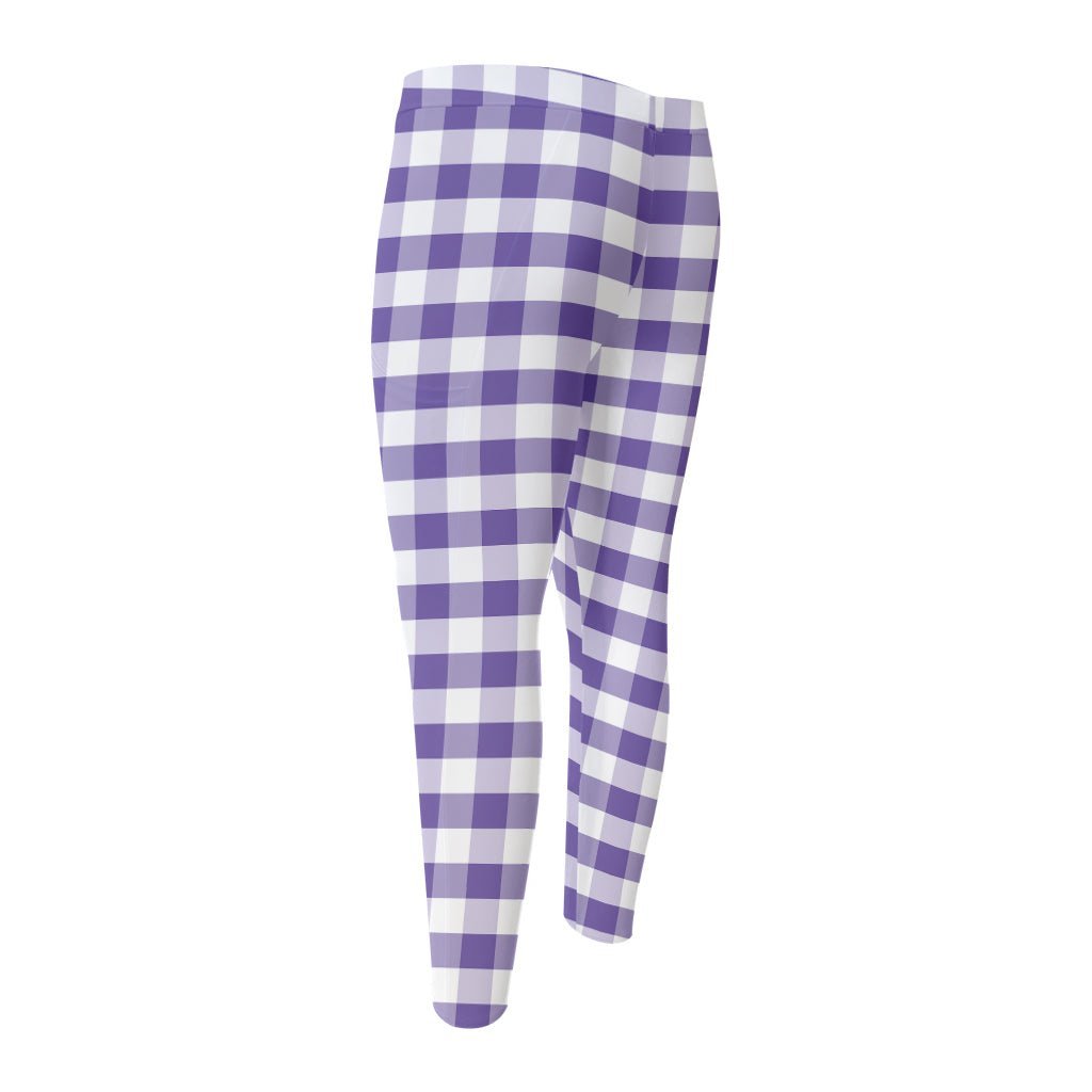Purple And White Gingham Pattern Print Men's Compression Pants