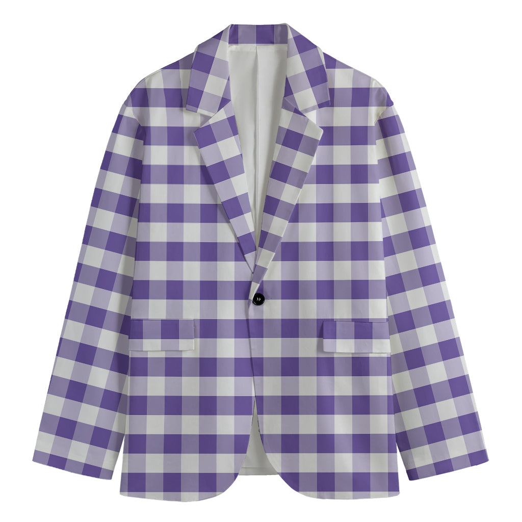 Purple And White Gingham Pattern Print Men's Cotton Blazer