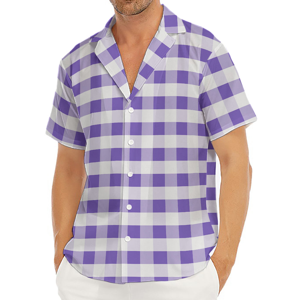 Purple And White Gingham Pattern Print Men's Deep V-Neck Shirt