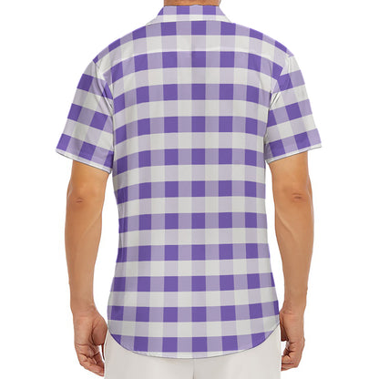 Purple And White Gingham Pattern Print Men's Deep V-Neck Shirt