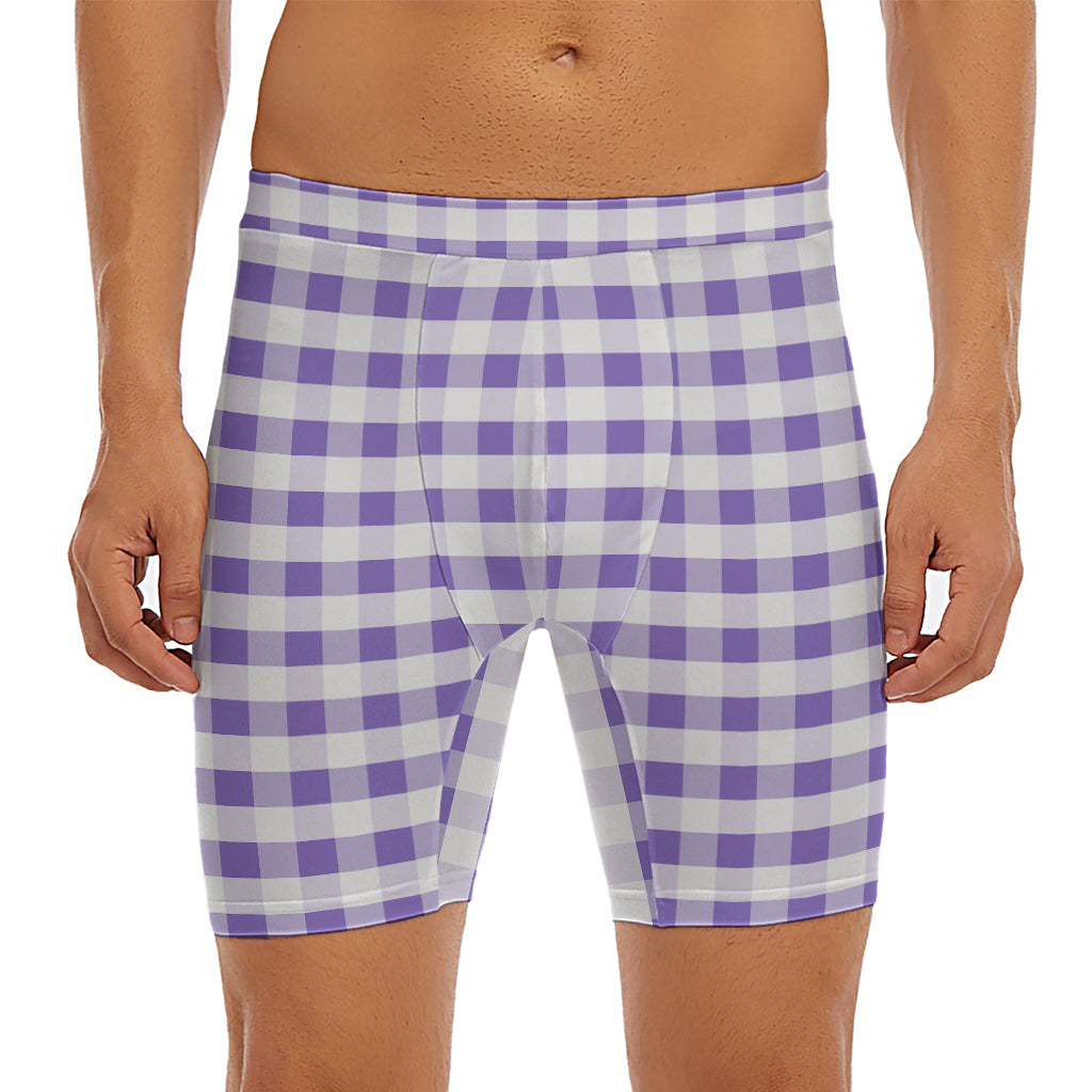 Purple And White Gingham Pattern Print Men's Long Boxer Briefs