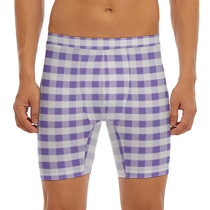 Purple And White Gingham Pattern Print Men's Long Boxer Briefs