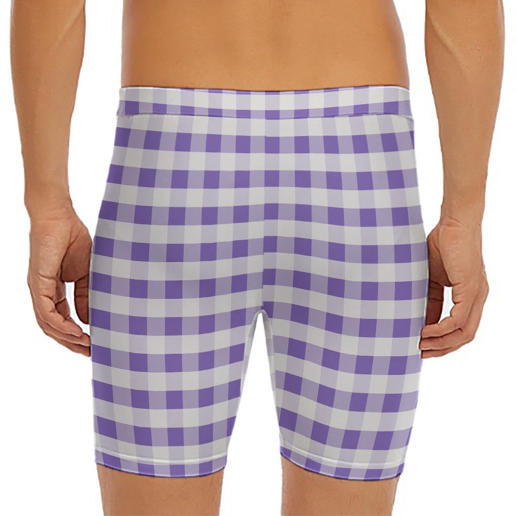 Purple And White Gingham Pattern Print Men's Long Boxer Briefs