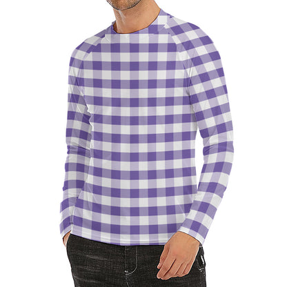 Purple And White Gingham Pattern Print Men's Long Sleeve Rash Guard