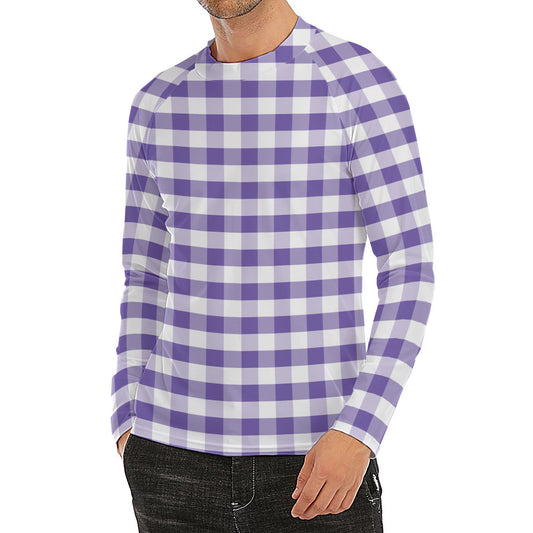 Purple And White Gingham Pattern Print Men's Long Sleeve Rash Guard