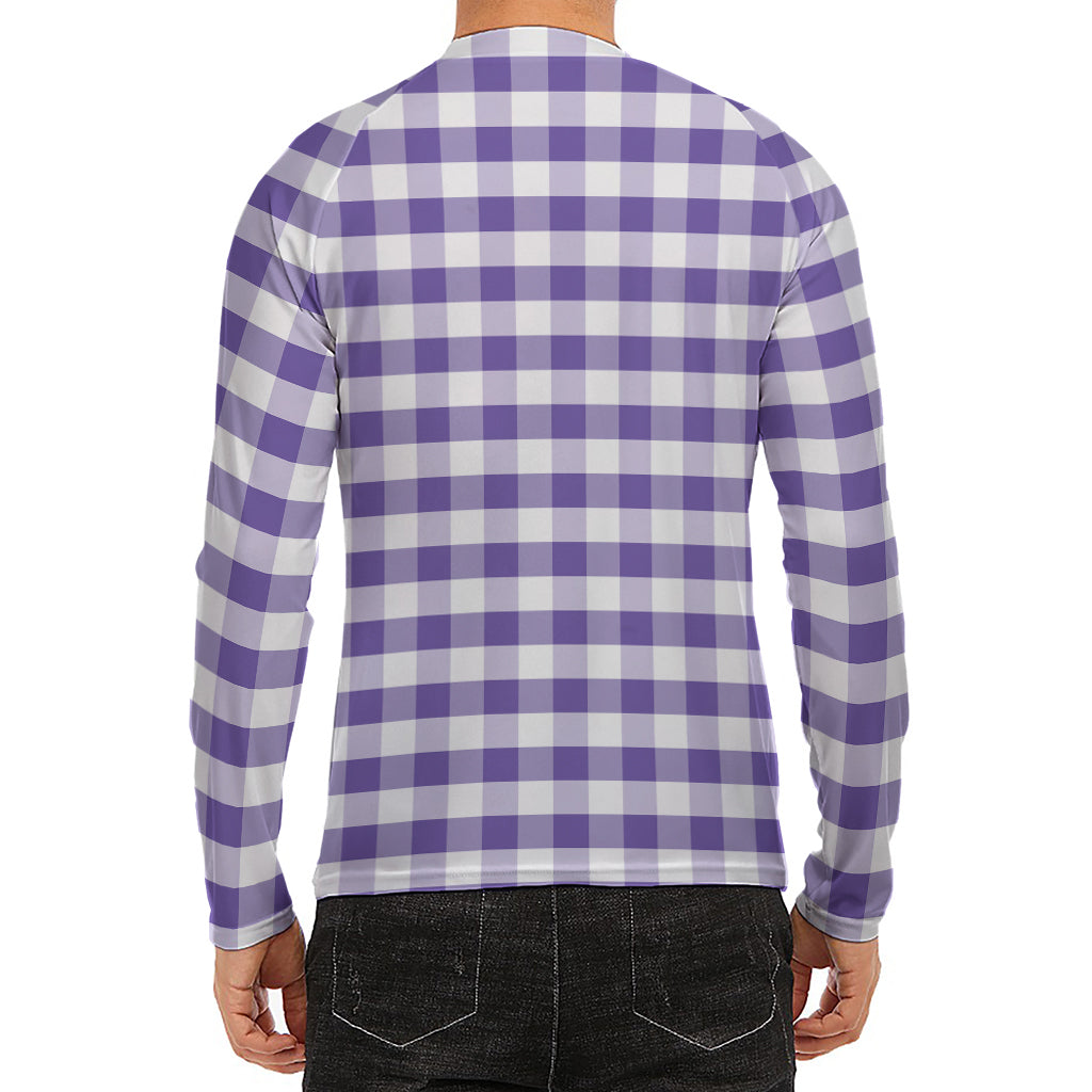 Purple And White Gingham Pattern Print Men's Long Sleeve Rash Guard