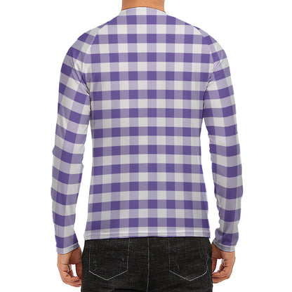 Purple And White Gingham Pattern Print Men's Long Sleeve Rash Guard