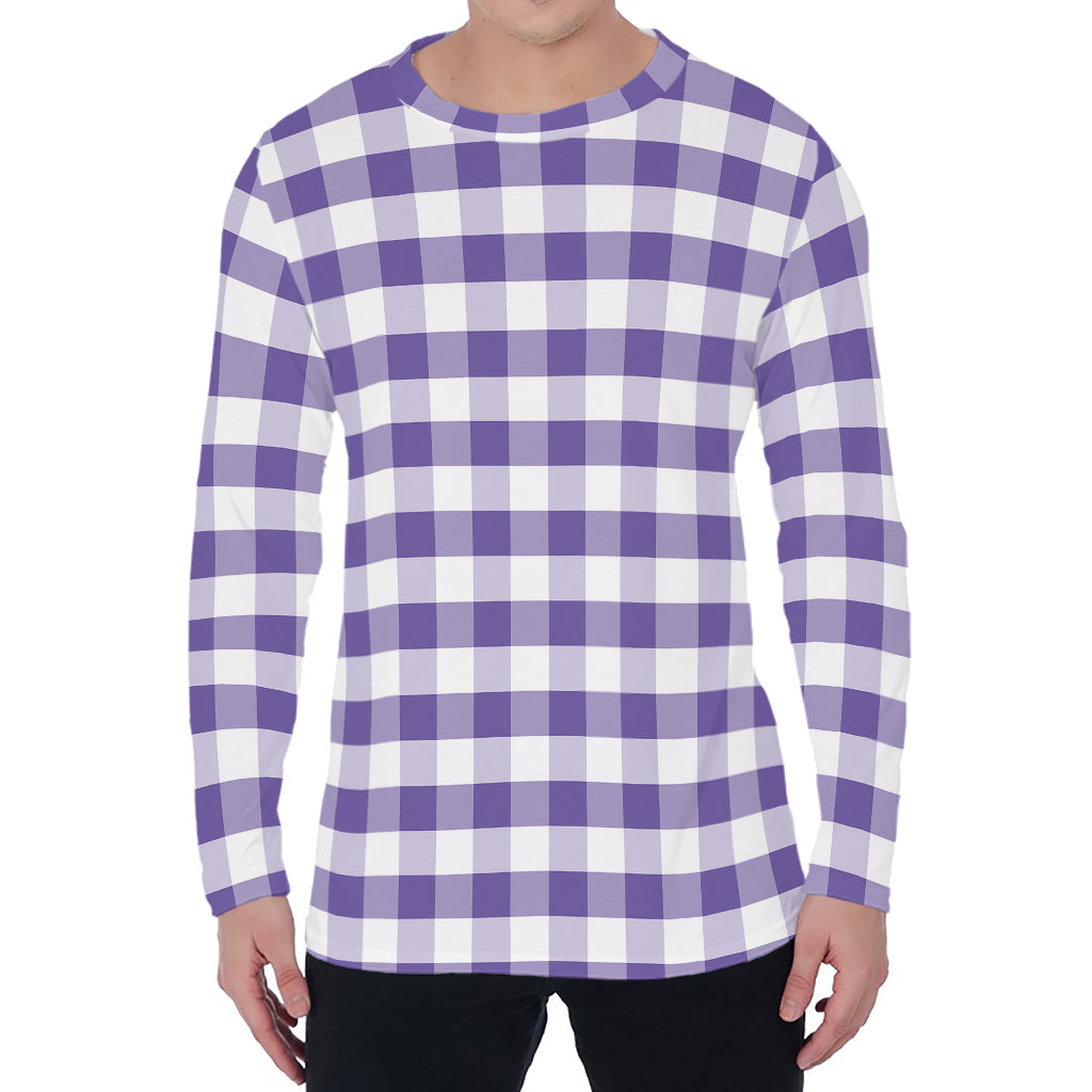 Purple And White Gingham Pattern Print Men's Long Sleeve T-Shirt