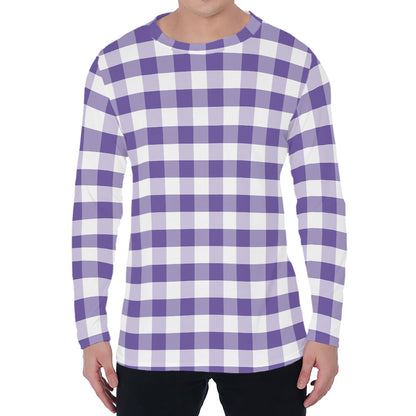 Purple And White Gingham Pattern Print Men's Long Sleeve T-Shirt