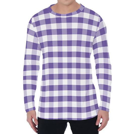 Purple And White Gingham Pattern Print Men's Long Sleeve T-Shirt