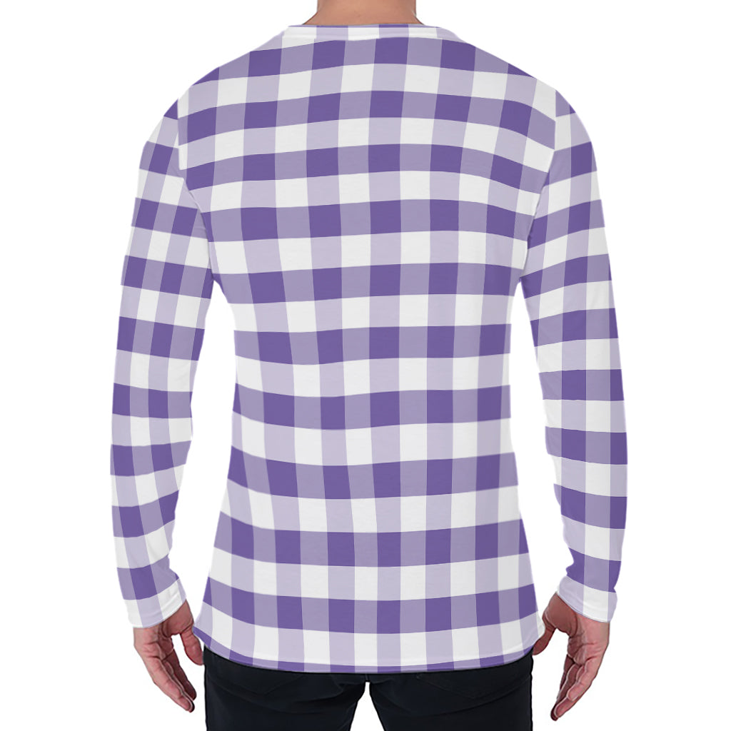 Purple And White Gingham Pattern Print Men's Long Sleeve T-Shirt