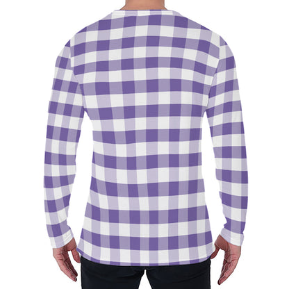 Purple And White Gingham Pattern Print Men's Long Sleeve T-Shirt