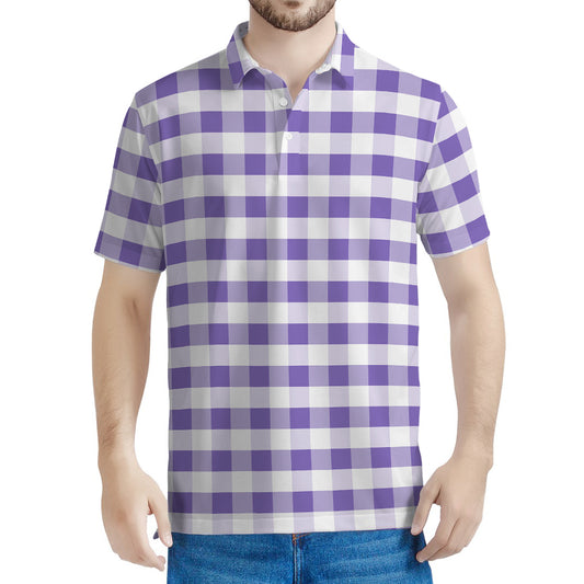 Purple And White Gingham Pattern Print Men's Polo Shirt