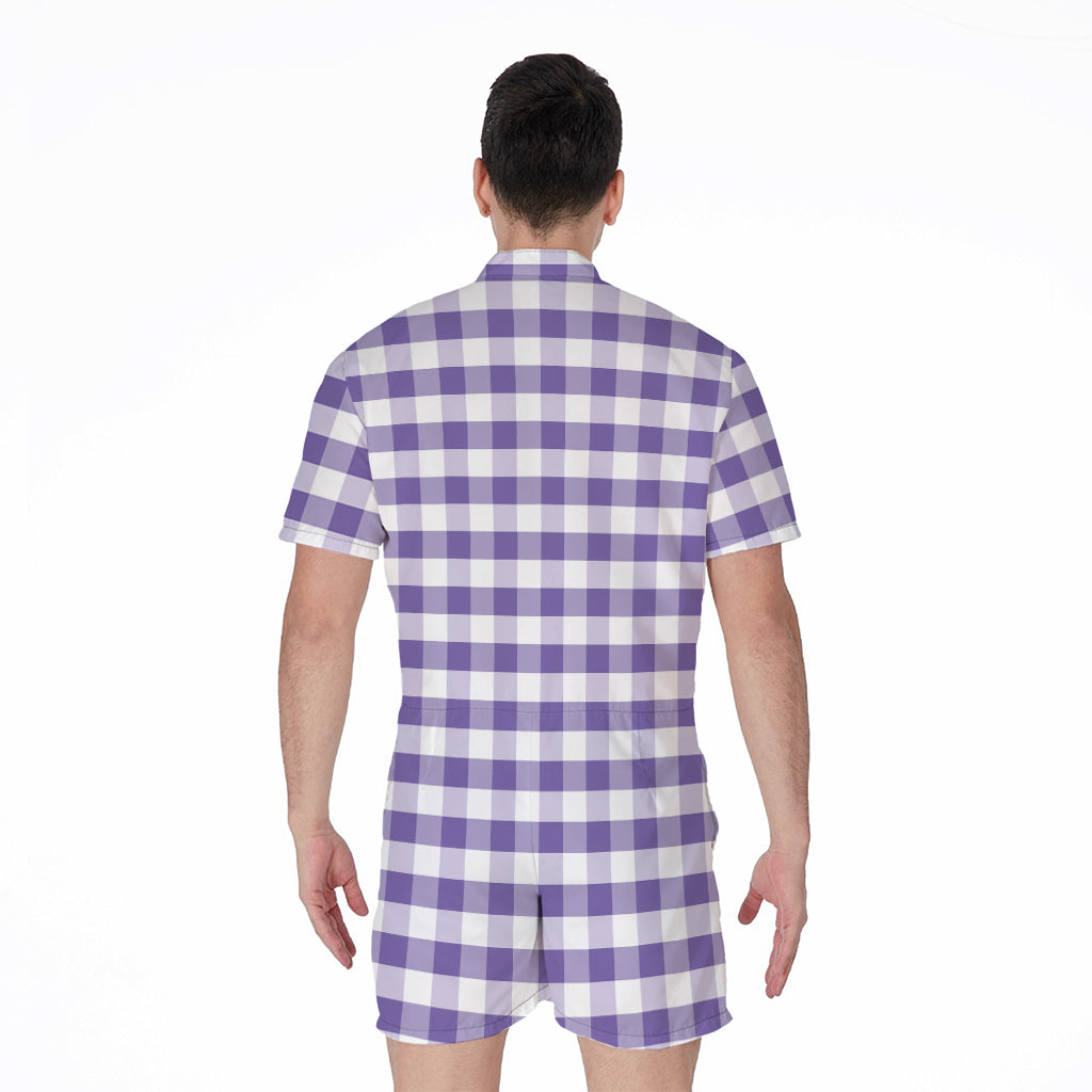 Purple And White Gingham Pattern Print Men's Rompers