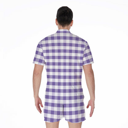 Purple And White Gingham Pattern Print Men's Rompers