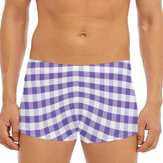 Purple And White Gingham Pattern Print Men's Short Boxer Briefs