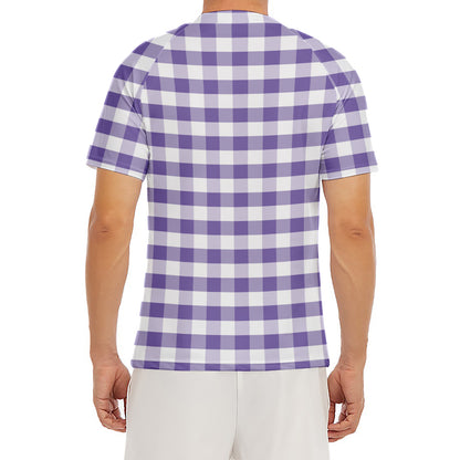 Purple And White Gingham Pattern Print Men's Short Sleeve Rash Guard