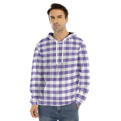 Purple And White Gingham Pattern Print Men's Velvet Pullover Hoodie
