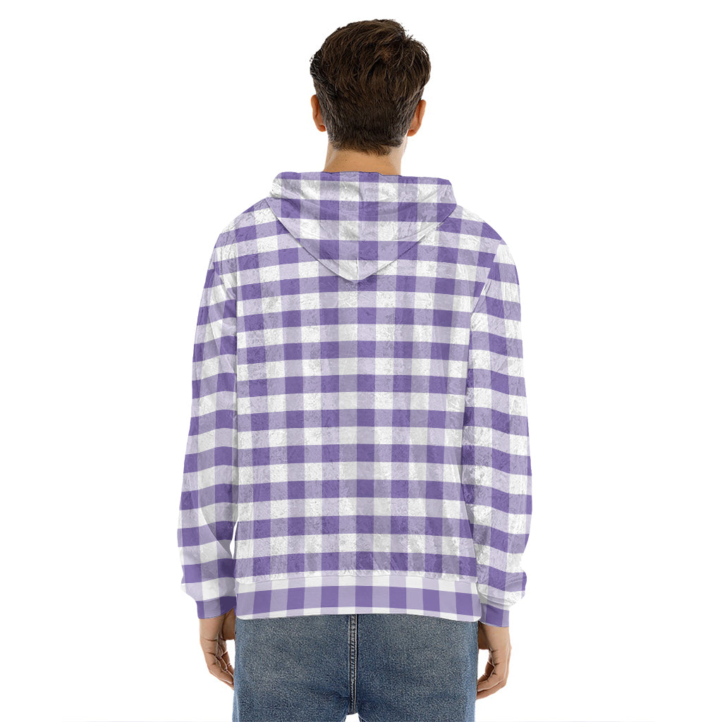 Purple And White Gingham Pattern Print Men's Velvet Pullover Hoodie