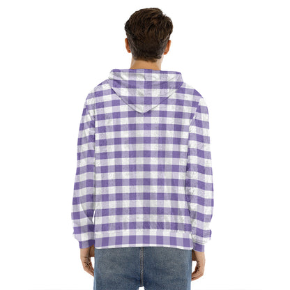 Purple And White Gingham Pattern Print Men's Velvet Pullover Hoodie