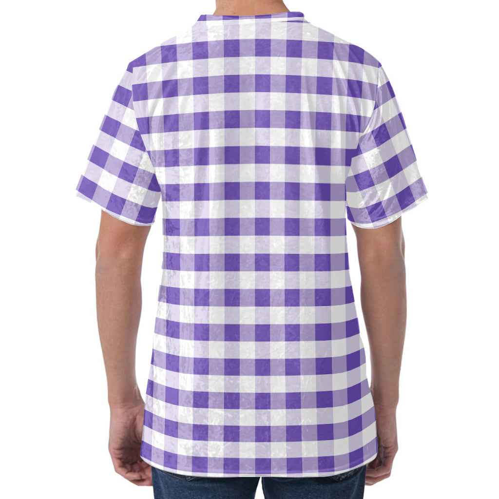 Purple And White Gingham Pattern Print Men's Velvet T-Shirt