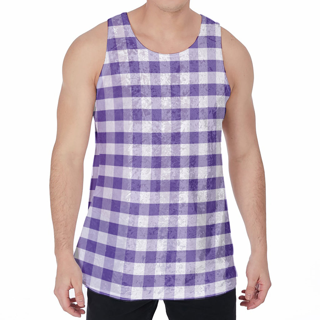 Purple And White Gingham Pattern Print Men's Velvet Tank Top