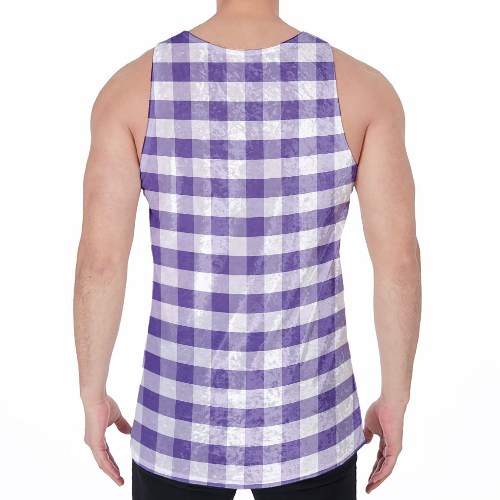 Purple And White Gingham Pattern Print Men's Velvet Tank Top